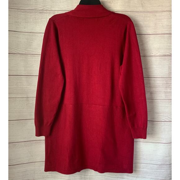 Pointelle Long Red Cardigan Sweater Open Front Folded Neckline Size Small - Picture 5 of 16
